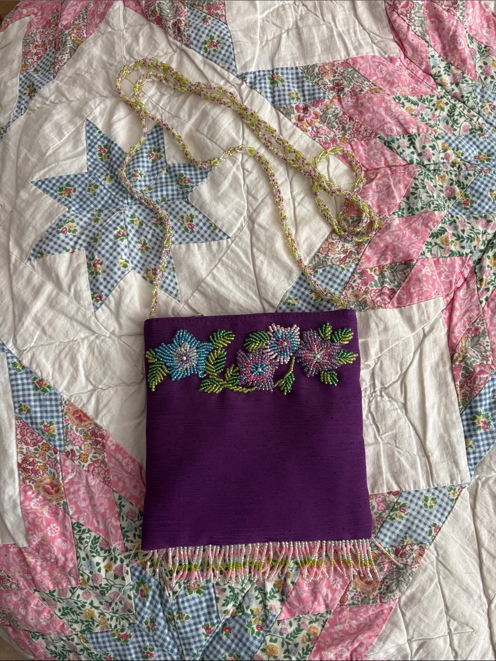 Purple Beaded Floral Crossbody Bag